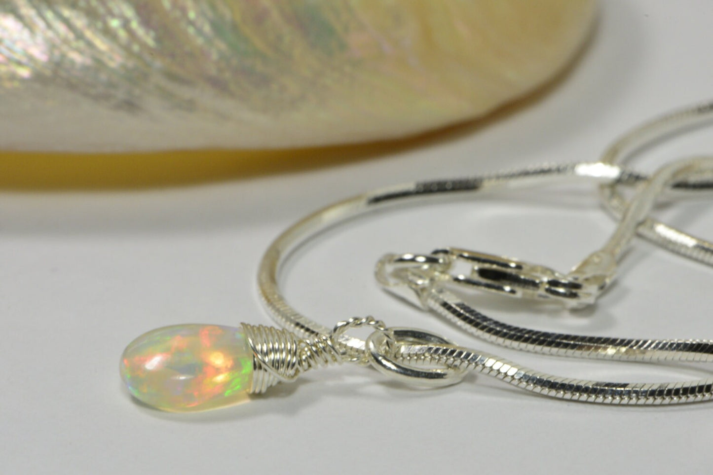 Ethiopian Opal Necklace: Sterling Silver Wire Wrapped Teardrop Pendant