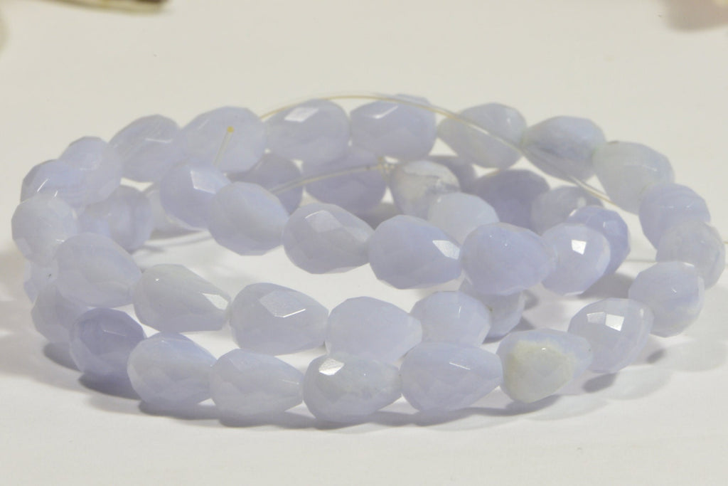 Faceted Blue Lace Agate Beads: Teardrop Gemstone, 9x6.5mm (4 Beads)