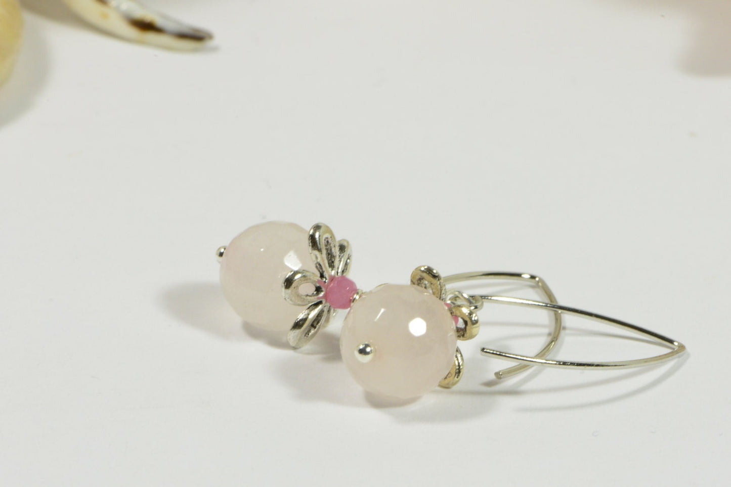 Handmade Rose Quartz Dangle Earrings, Silver Half Hoop