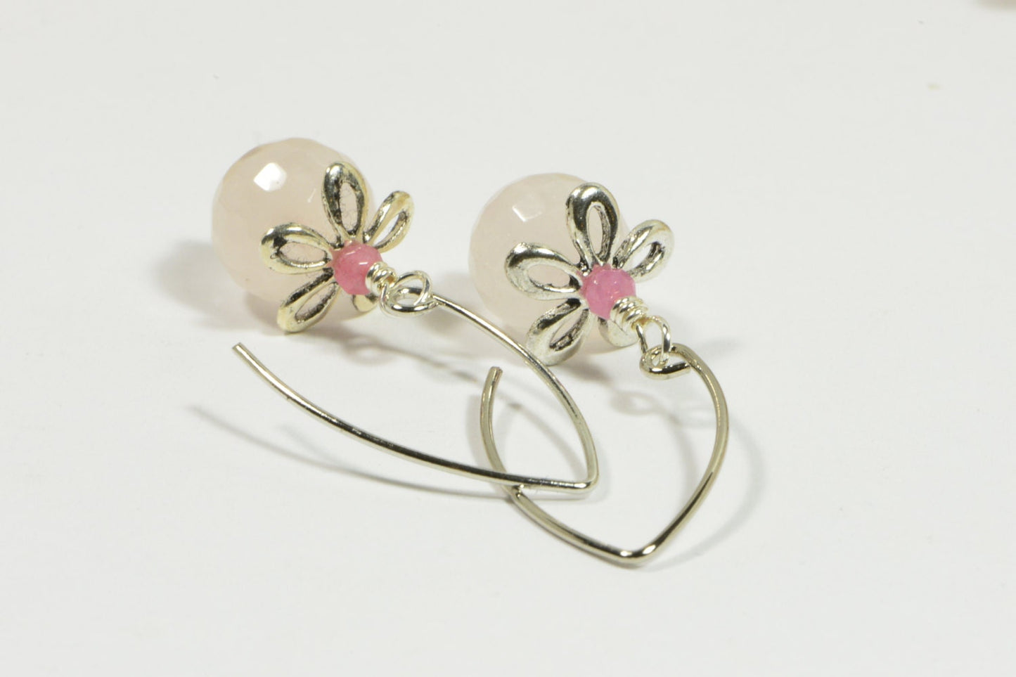 Handmade Rose Quartz Dangle Earrings, Silver Half Hoop