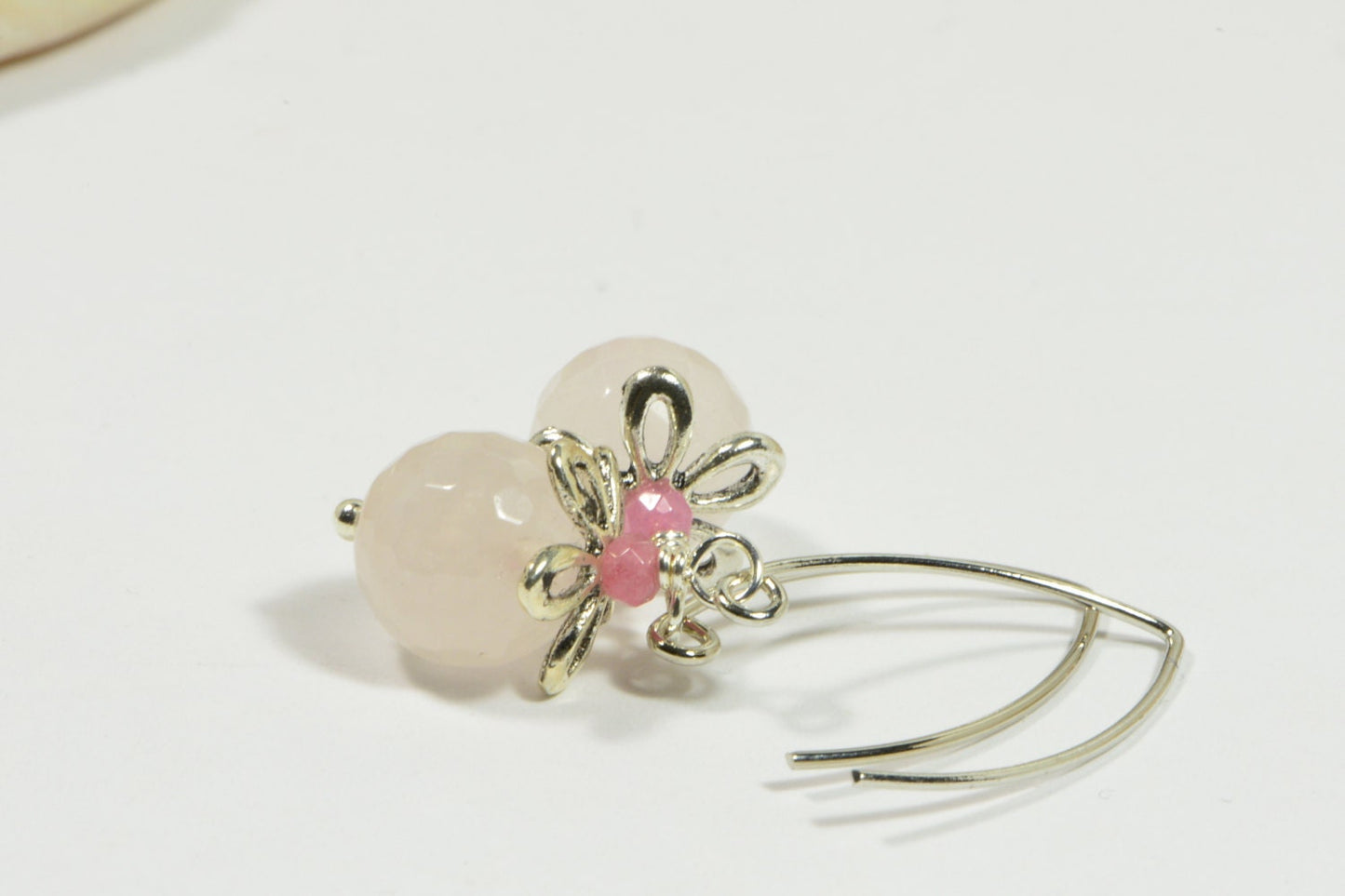 Handmade Rose Quartz Dangle Earrings, Silver Half Hoop
