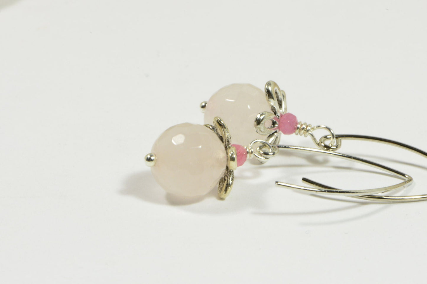 Handmade Rose Quartz Dangle Earrings, Silver Half Hoop
