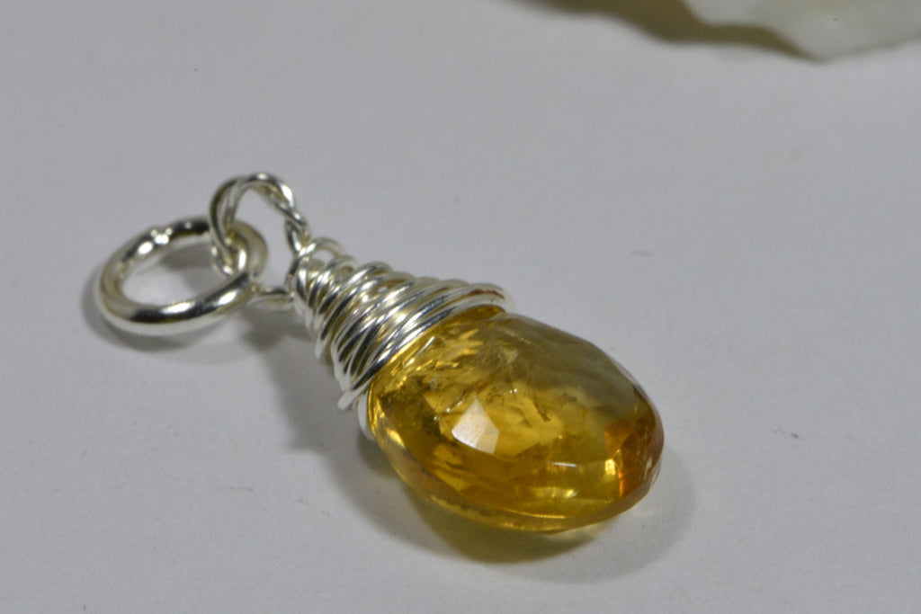 Birthstone Charm Natural Citrine Briolette A Wire wrapped on sterling silver Birthstone November