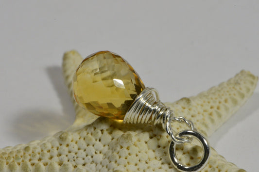 Sterling Silver Wire Wrapped Citrine Teardrop Dangle: Birthstone Pendant