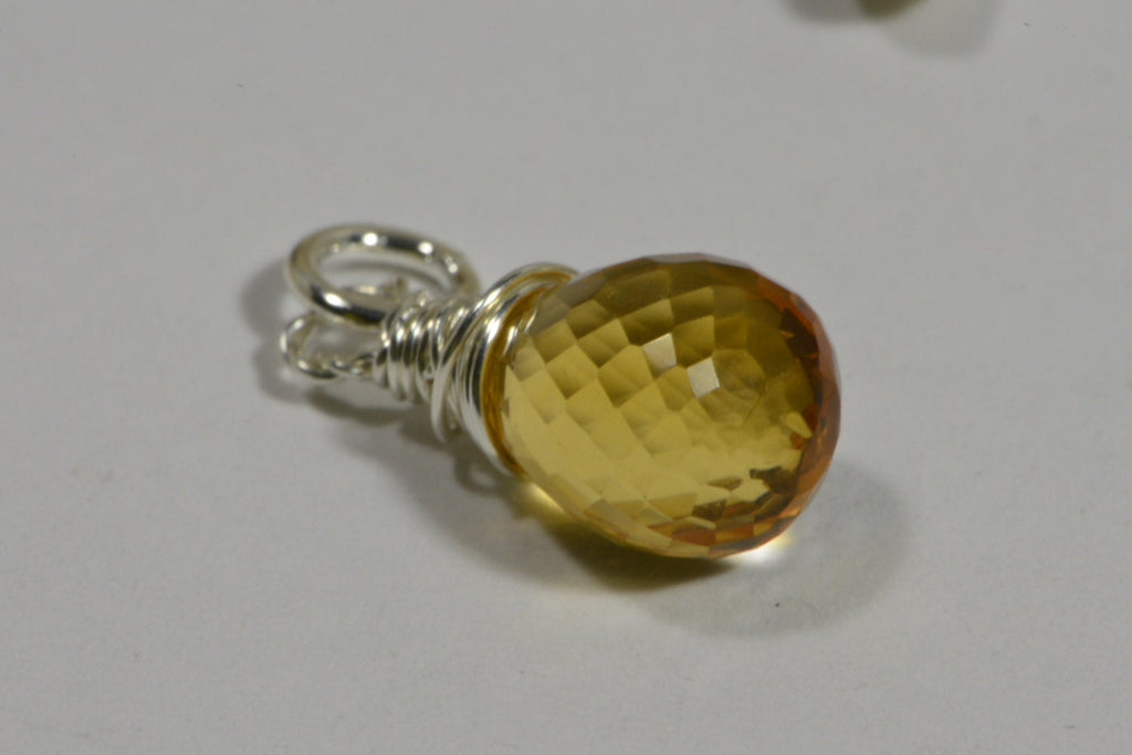 Sterling Silver Wire Wrapped Citrine Teardrop Dangle: Birthstone Pendant