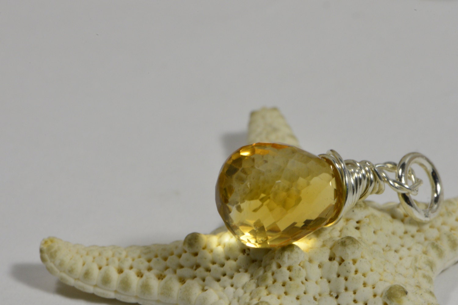 Sterling Silver Wire Wrapped Citrine Teardrop Dangle: Birthstone Pendant