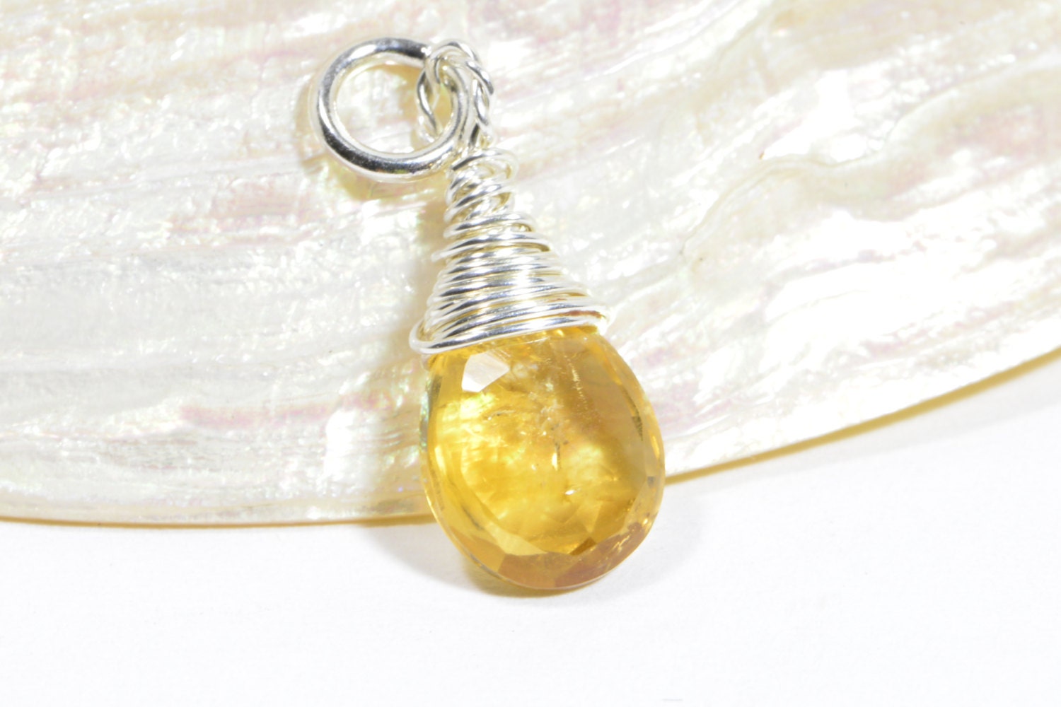 Birthstone Charm Natural Citrine Briolette A Wire wrapped on sterling silver Birthstone November