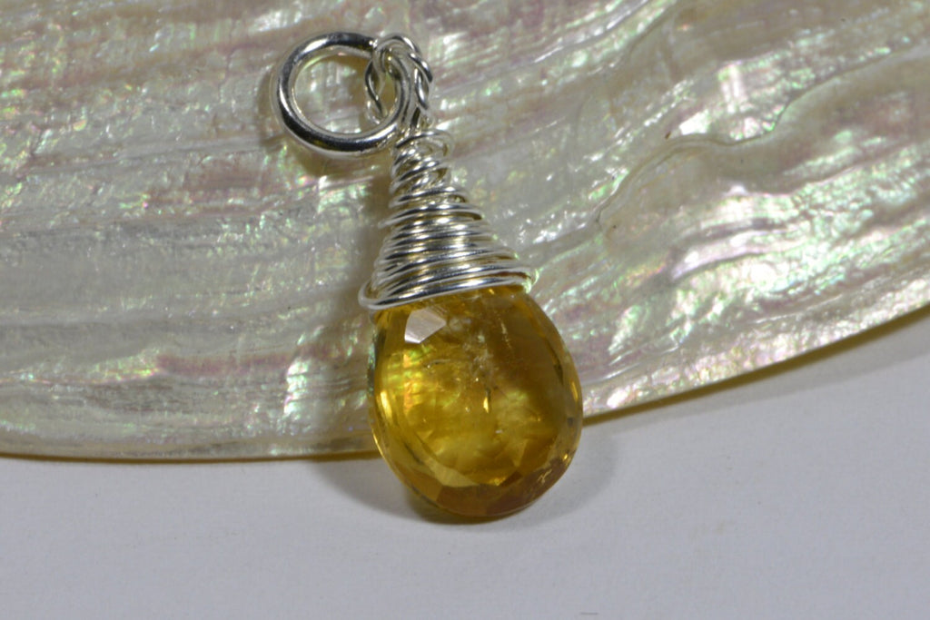 Birthstone Charm Natural Citrine Briolette A Wire wrapped on sterling silver Birthstone November