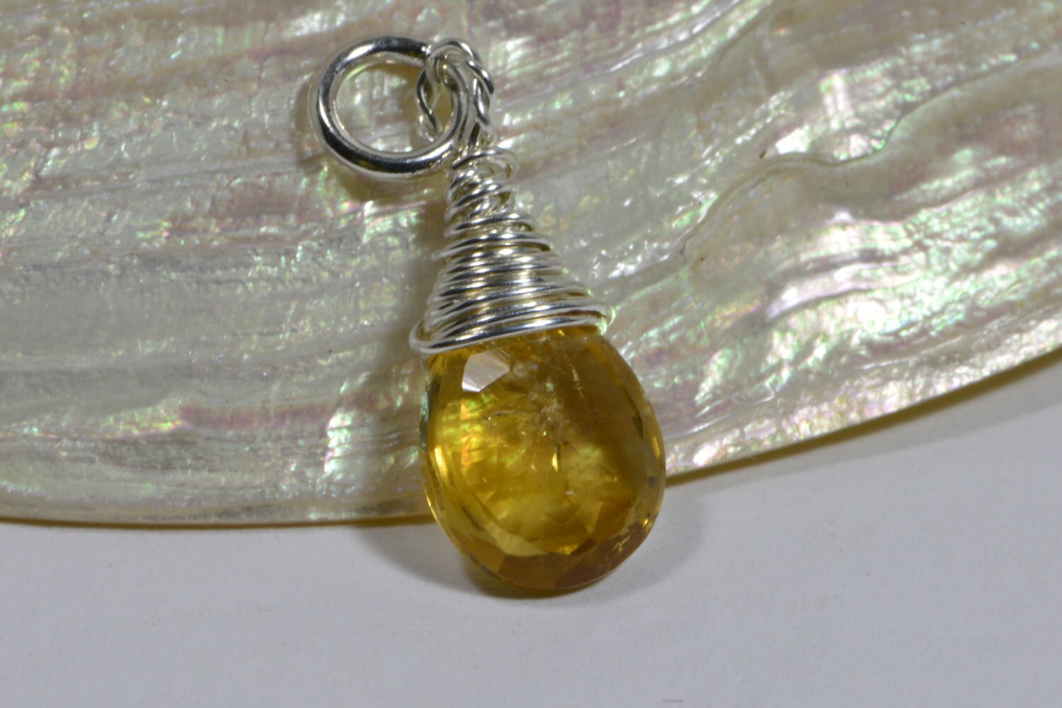 Birthstone Charm Natural Citrine Briolette A Wire wrapped on sterling silver Birthstone November