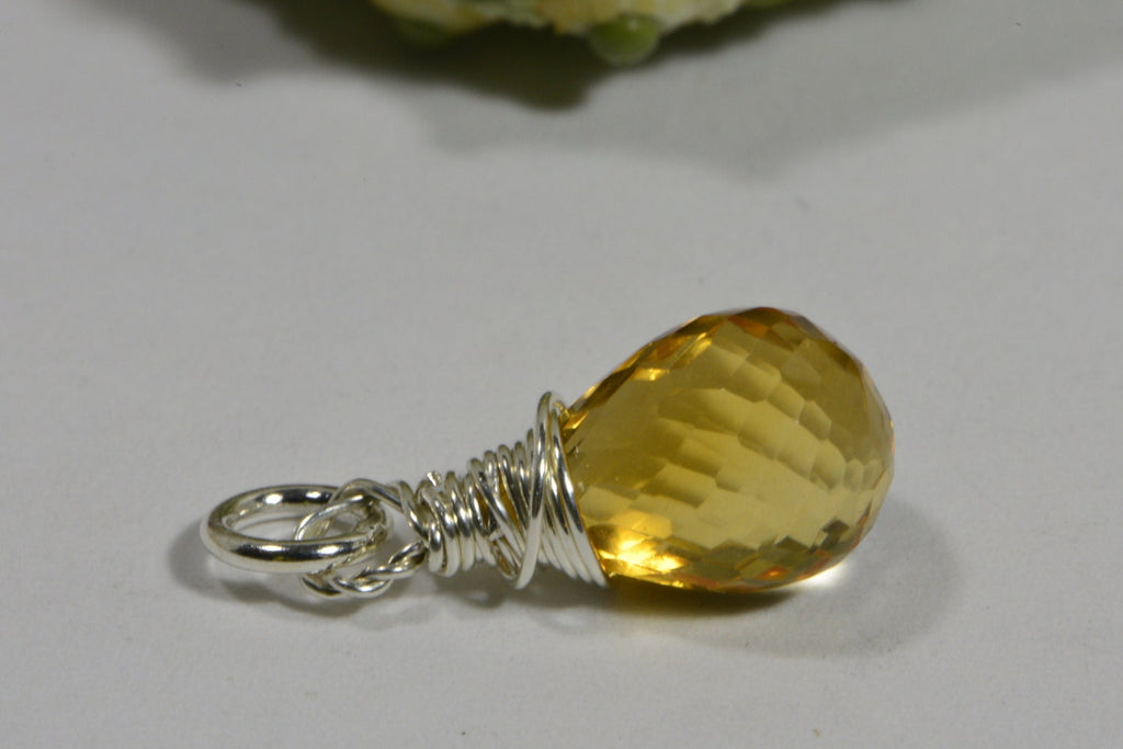 Sterling Silver Wire Wrapped Citrine Teardrop Dangle: Birthstone Pendant