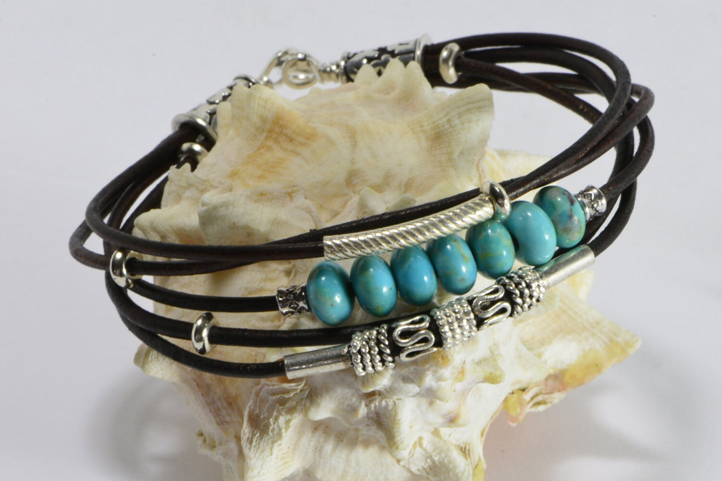 Nevada Turquoise Leather Bracelet, Sterling Silver Clasp, Bohemian Wrap