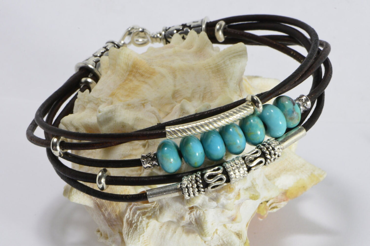 Nevada Turquoise Leather Bracelet, Sterling Silver Clasp, Bohemian Wrap