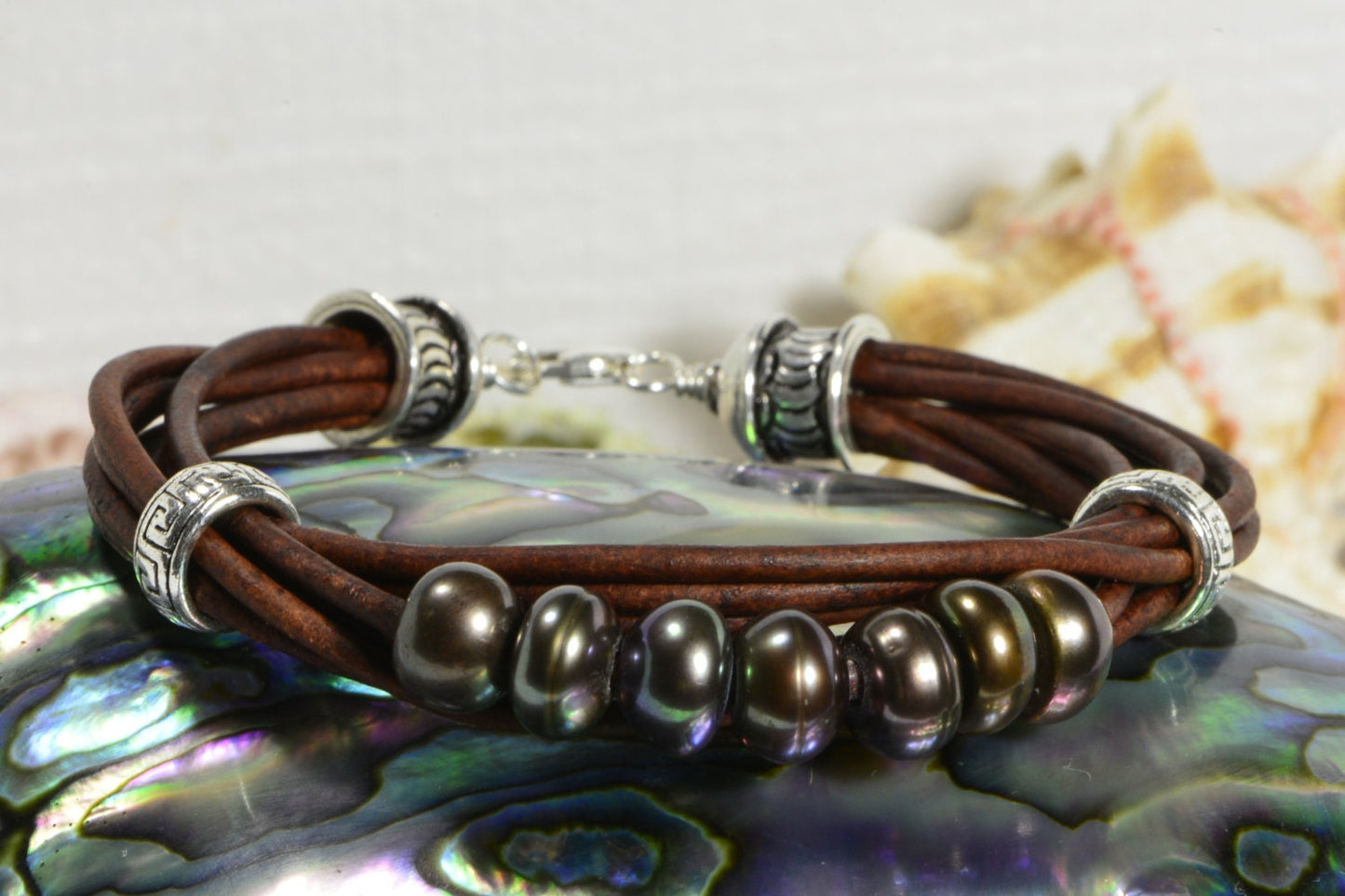 Black Pearl Leather Bracelet: Sterling Silver Boho Bangle