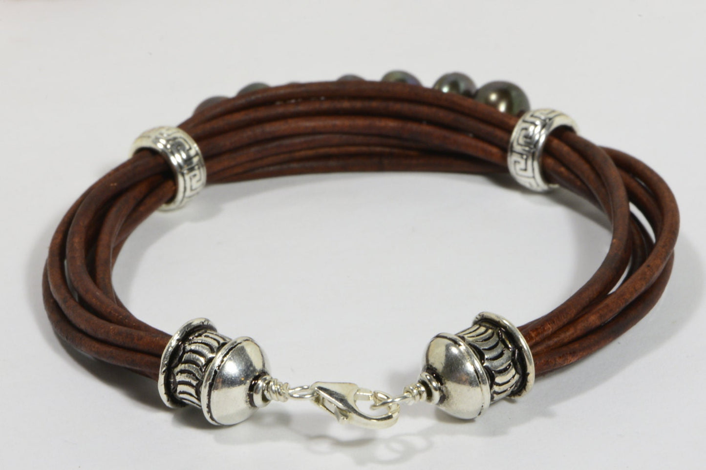 Black Pearl Leather Bracelet: Sterling Silver Boho Bangle
