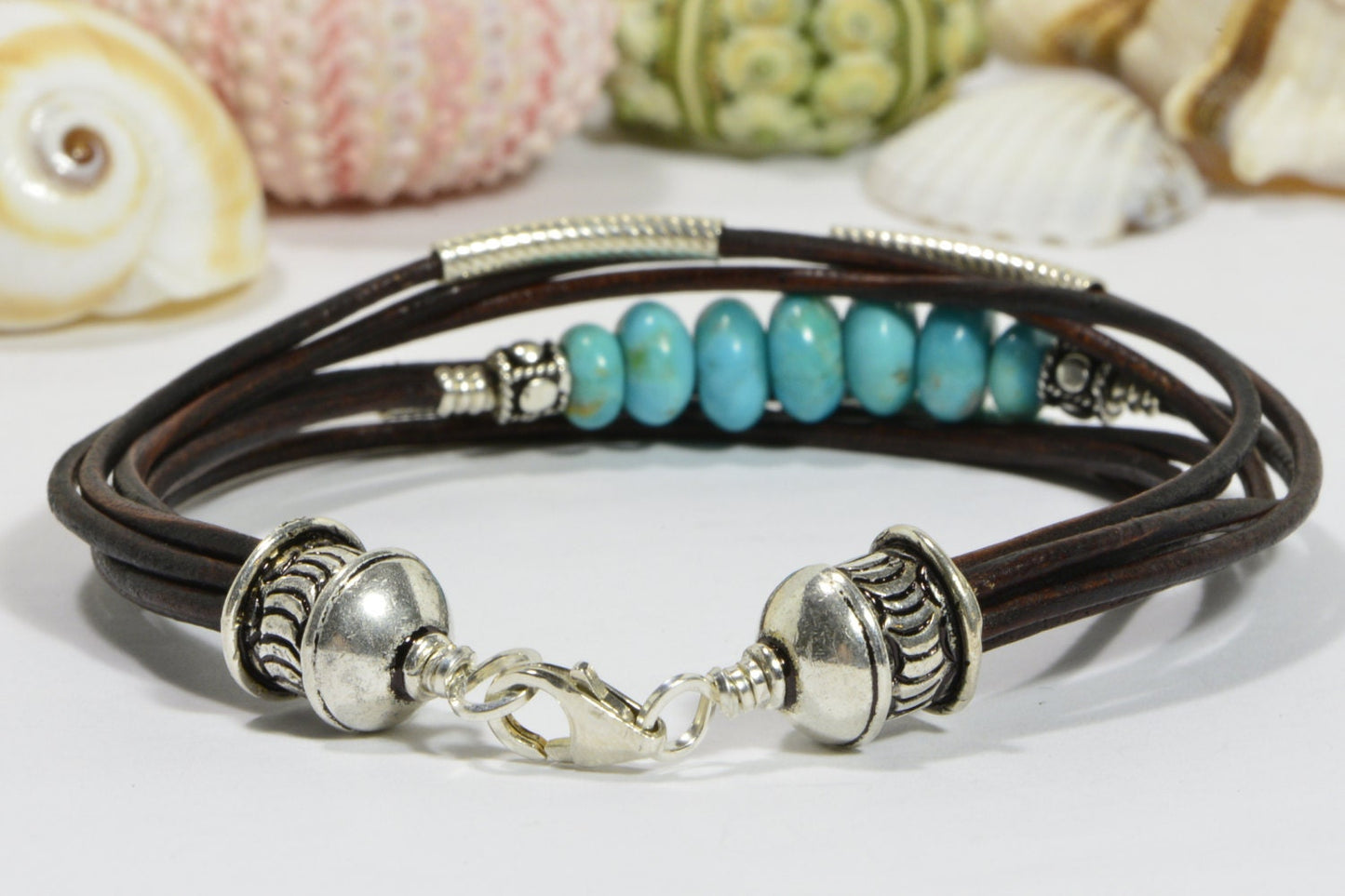 Nevada Blue Turquoise Leather Bracelet, Sterling Silver Boho Bangle
