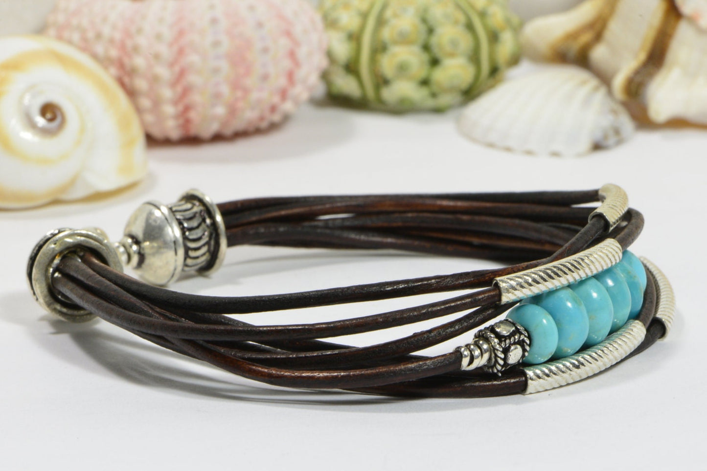Nevada Blue Turquoise Leather Bracelet, Sterling Silver Boho Bangle