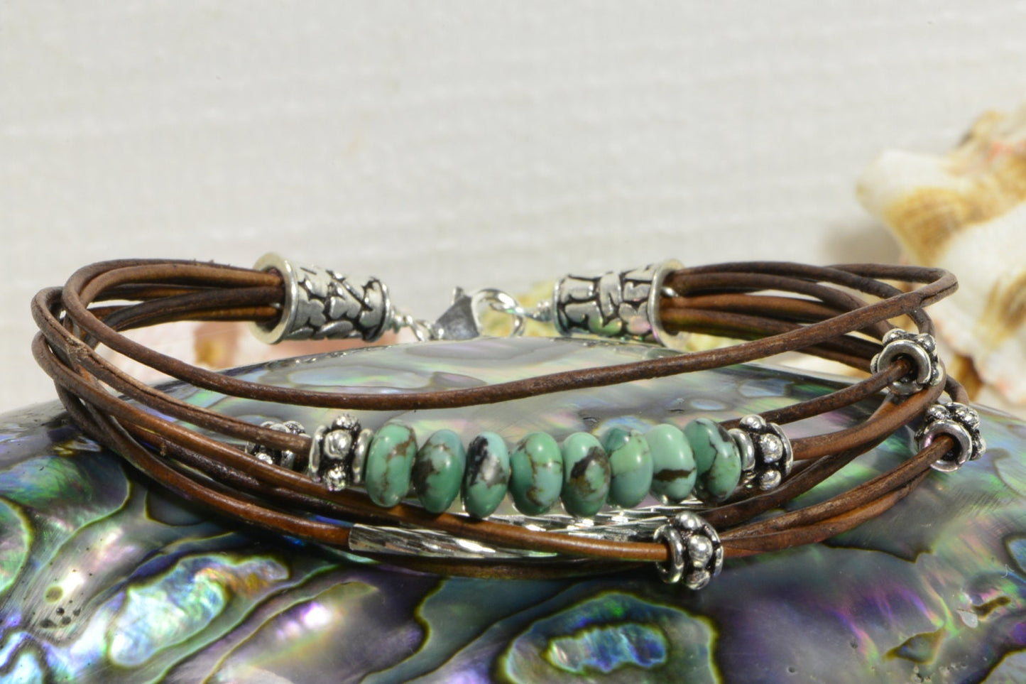 Nevada Turquoise Leather Bracelet, Sterling Silver Boho Bangle