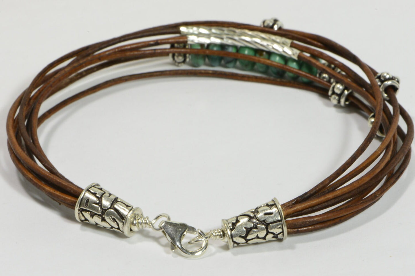Nevada Turquoise Leather Bracelet, Sterling Silver Boho Bangle