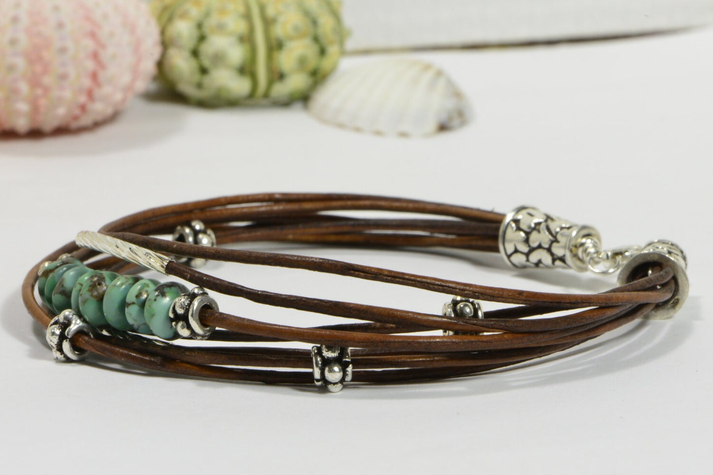 Nevada Turquoise Leather Bracelet, Sterling Silver Boho Bangle