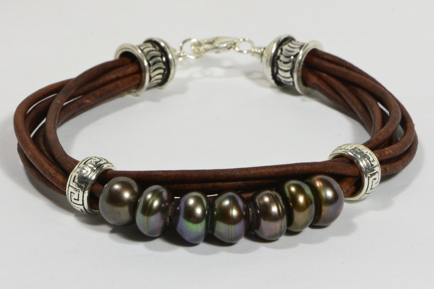 Black Pearl Leather Bracelet: Sterling Silver Boho Bangle