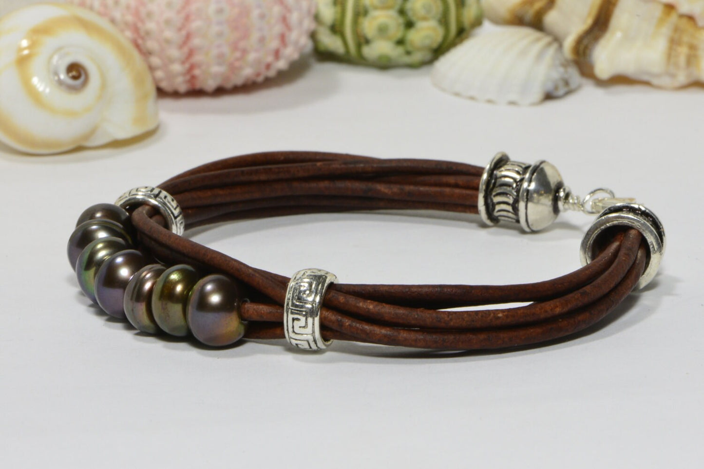 Black Pearl Leather Bracelet: Sterling Silver Boho Bangle