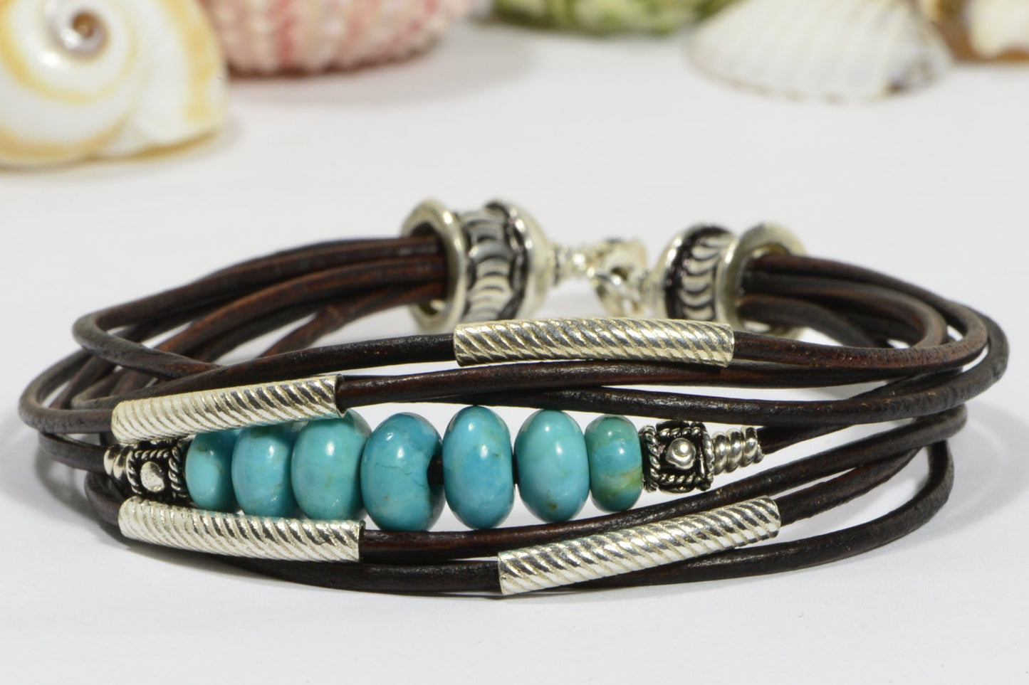 Nevada Blue Turquoise Leather Bracelet, Sterling Silver Boho Bangle