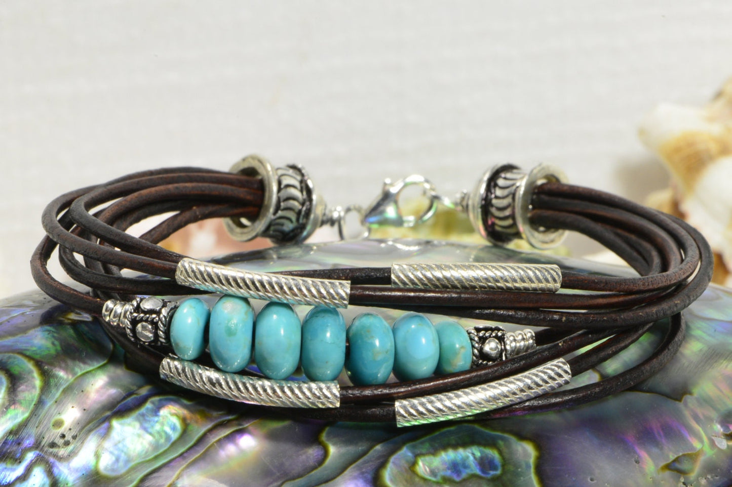 Nevada Blue Turquoise Leather Bracelet, Sterling Silver Boho Bangle