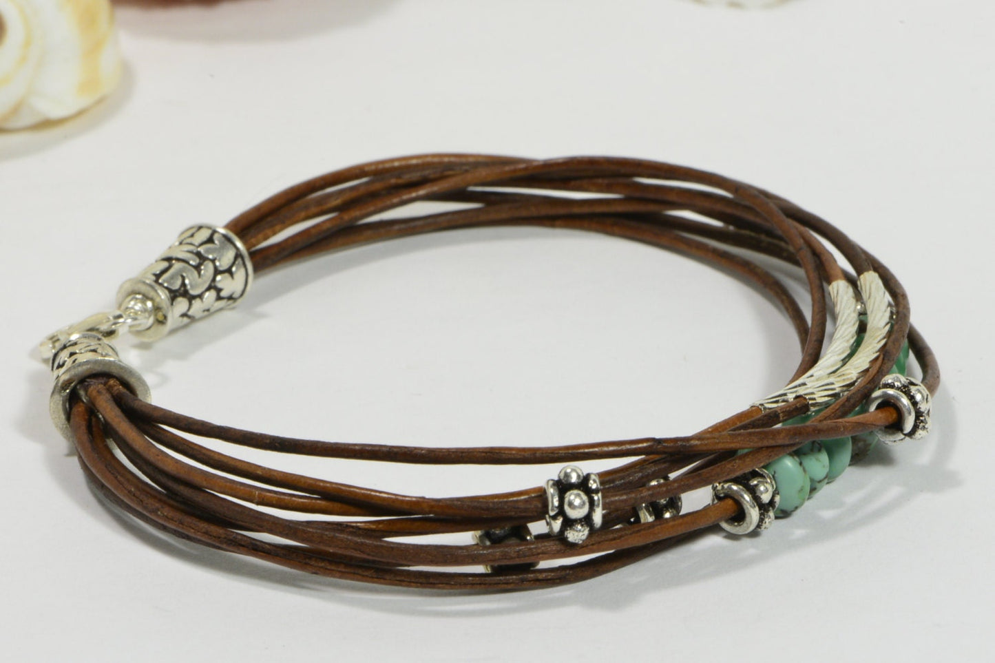 Nevada Turquoise Leather Bracelet, Sterling Silver Boho Bangle