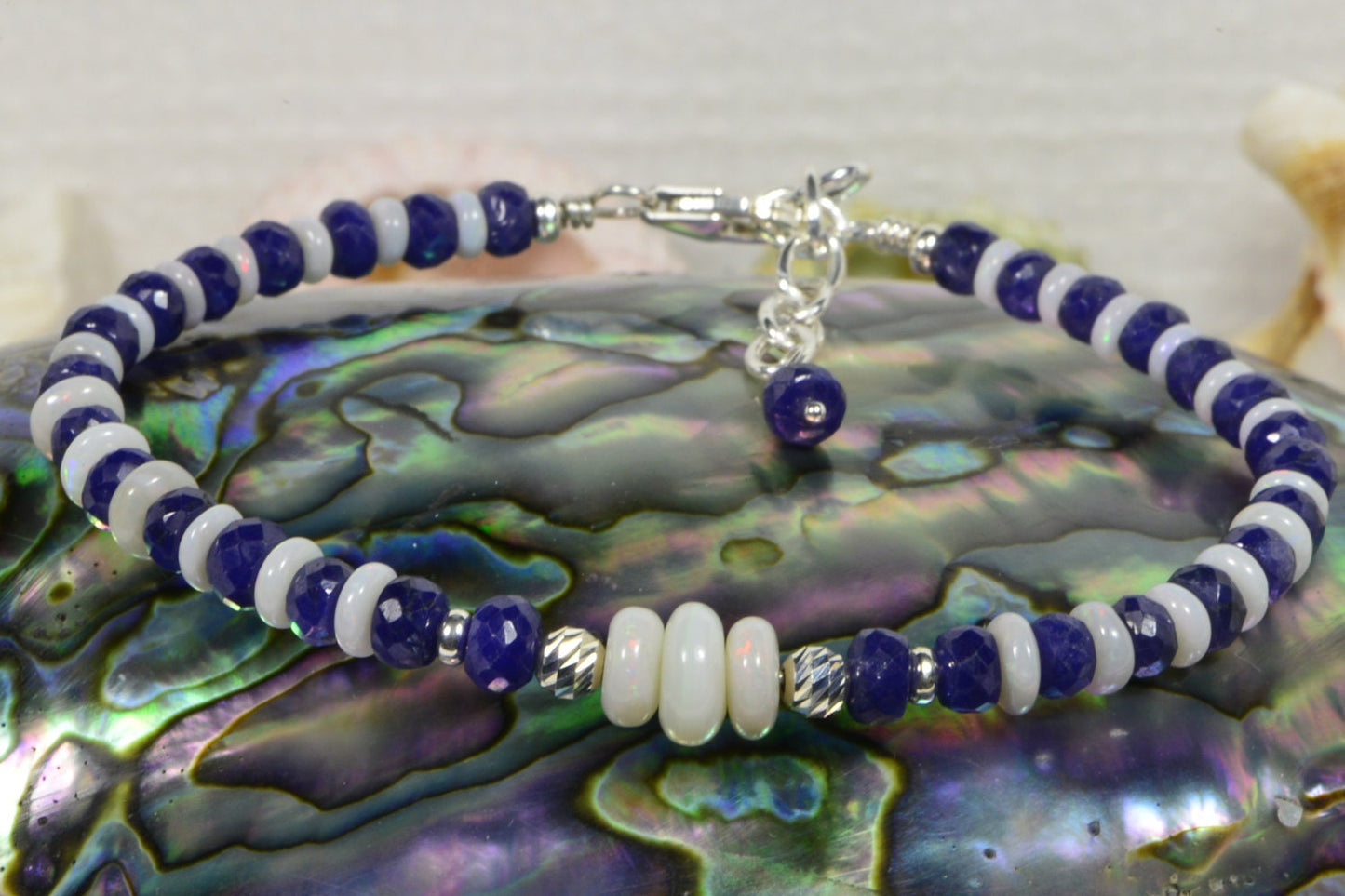 Australian White Opal & Sapphire Sterling Silver Bracelet