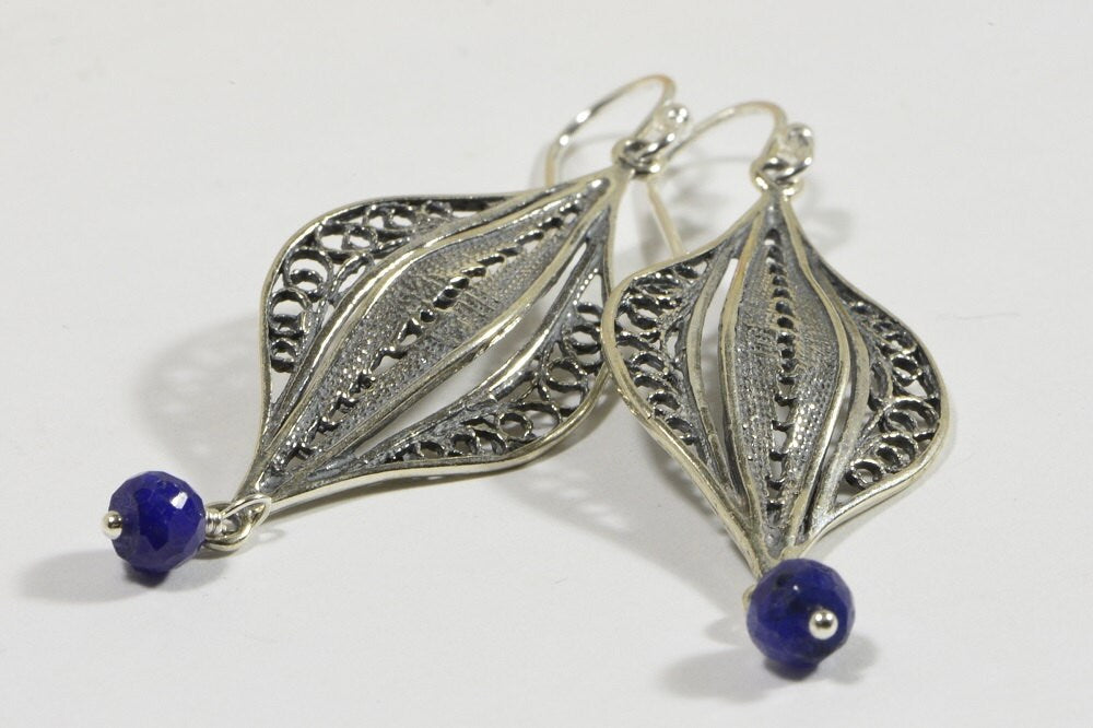 Handmade Sapphire Earrings: Sterling Silver Filigree Chandelier
