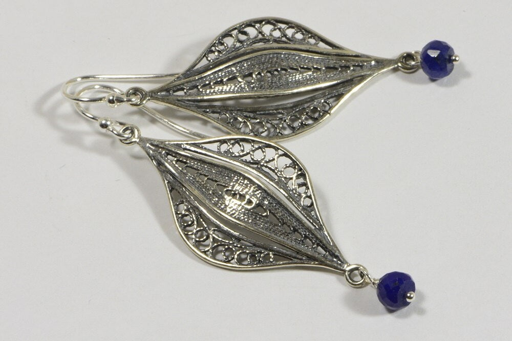 Handmade Sapphire Earrings: Sterling Silver Filigree Chandelier