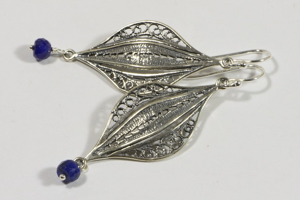 Handmade Sapphire Earrings: Sterling Silver Filigree Chandelier