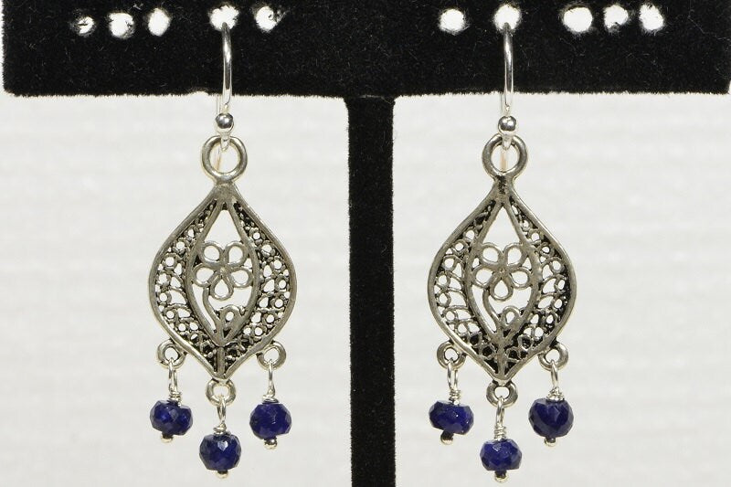Sapphire Sterling Silver Filigree Dangle Earrings, Handmade