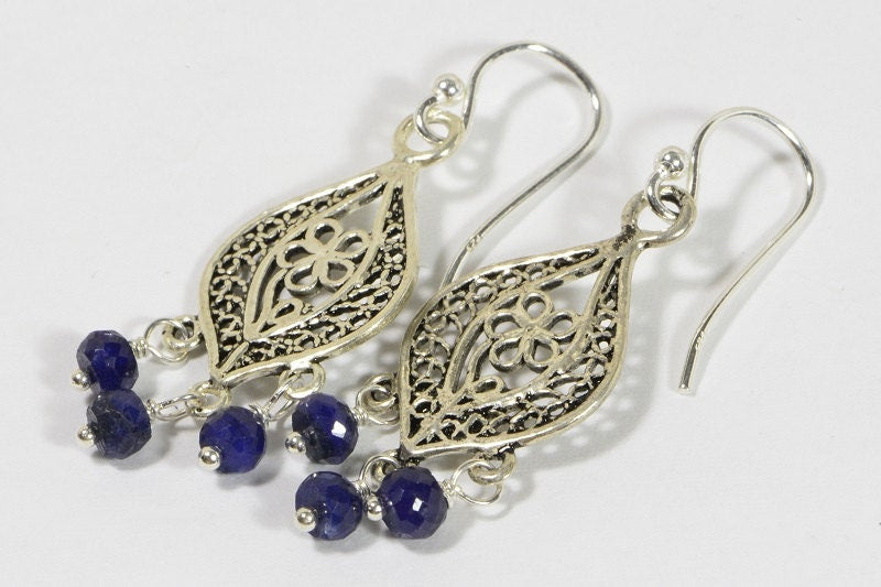 Sapphire Sterling Silver Filigree Dangle Earrings, Handmade