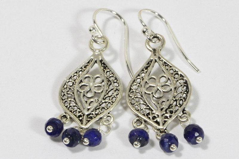 Sapphire Sterling Silver Filigree Dangle Earrings, Handmade