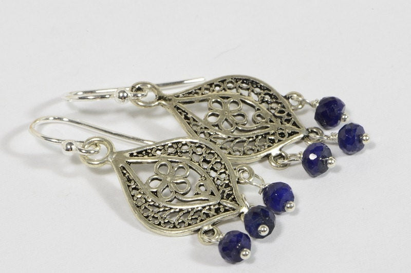 Sapphire Sterling Silver Filigree Dangle Earrings, Handmade