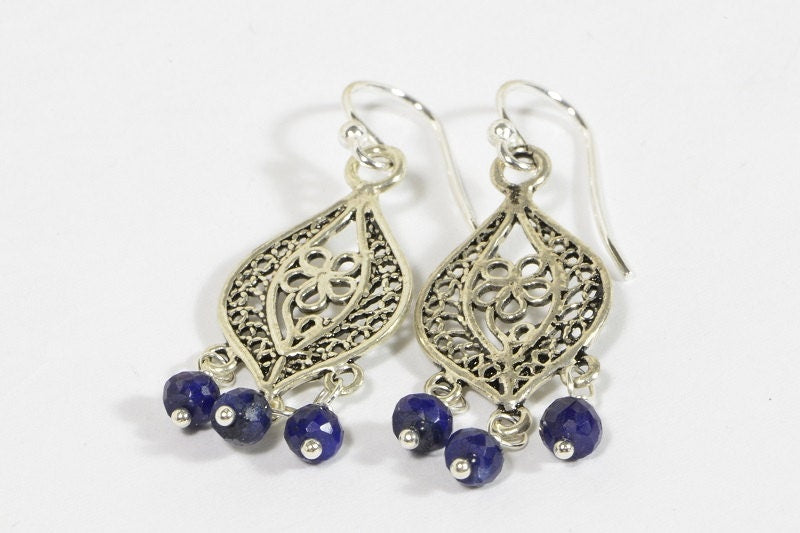 Sapphire Sterling Silver Filigree Dangle Earrings, Handmade