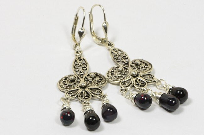 Black Opal Sterling Silver Filigree Chandelier Earrings