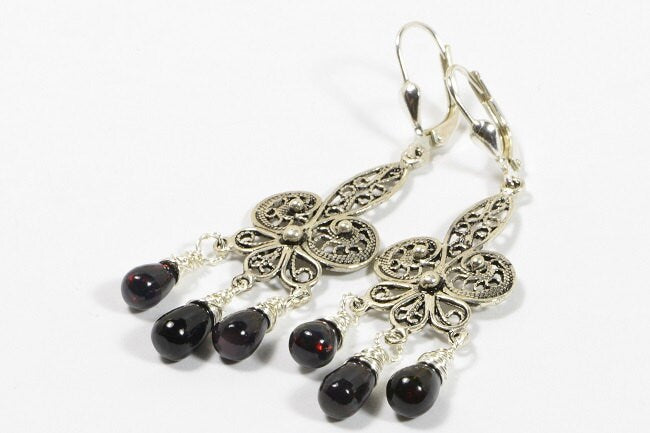 Black Opal Sterling Silver Filigree Chandelier Earrings