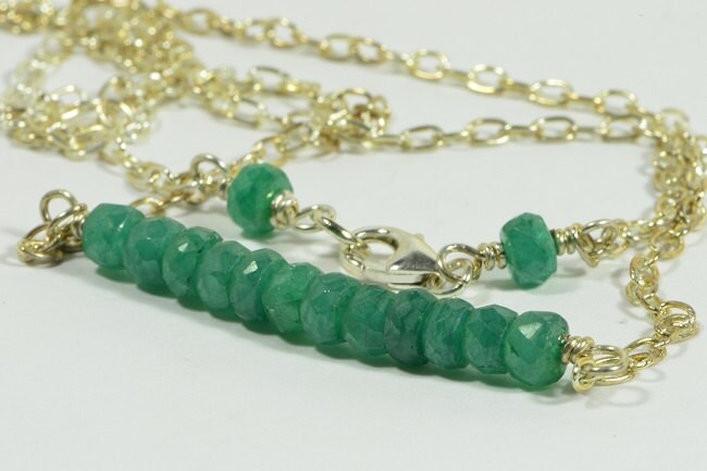 Emerald Bar Necklace, Sterling Silver Figaro Chain, Wire Wrapped