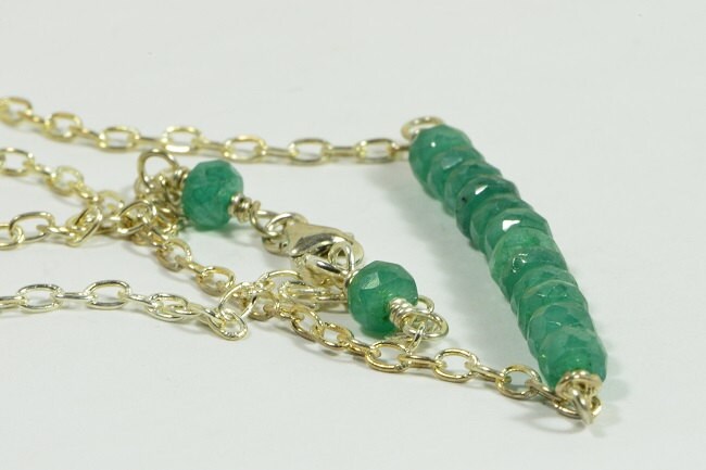 Emerald Bar Necklace, Sterling Silver Figaro Chain, Wire Wrapped