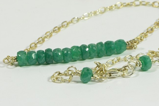 Emerald Bar Necklace, Sterling Silver Figaro Chain, Wire Wrapped