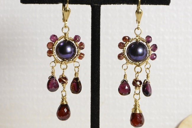 14K Gold Filled Black Pearl Garnet Dangle Earrings