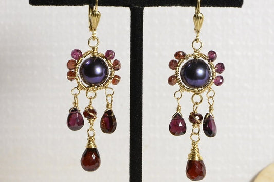 14K Gold Filled Black Pearl Garnet Dangle Earrings