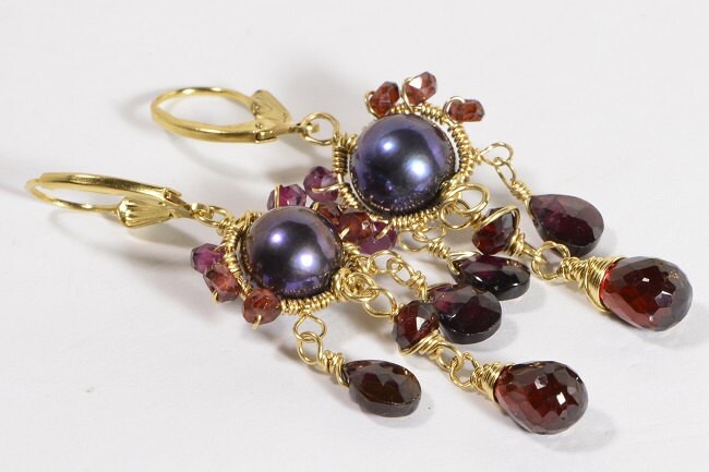14K Gold Filled Black Pearl Garnet Dangle Earrings