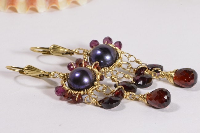 14K Gold Filled Black Pearl Garnet Dangle Earrings