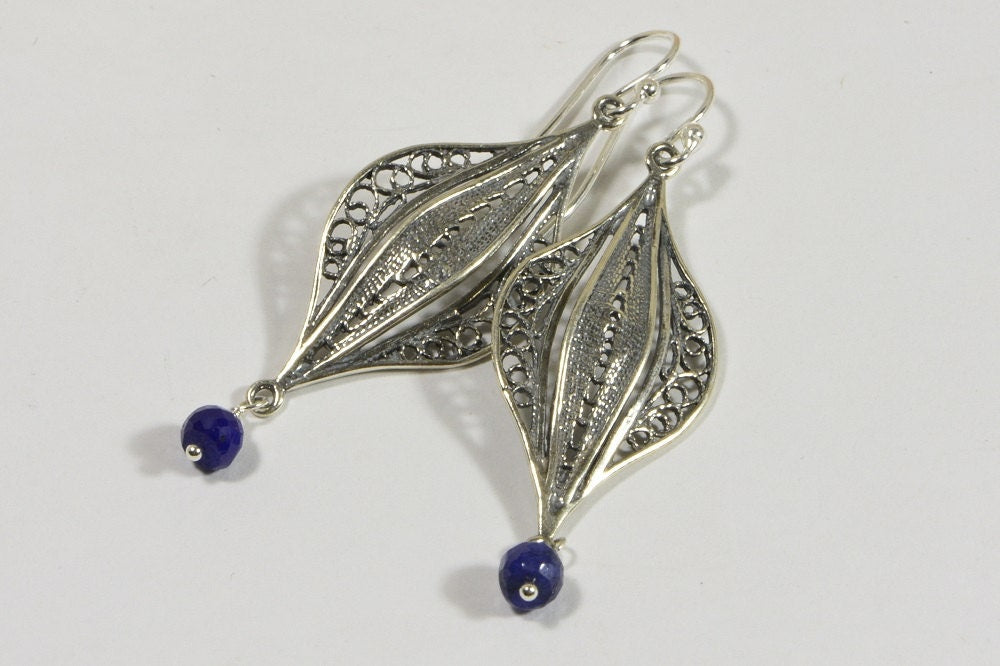 Handmade Sapphire Earrings: Sterling Silver Filigree Chandelier