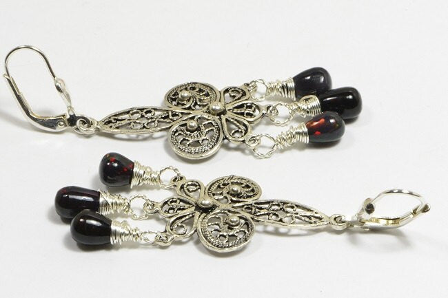 Black Opal Sterling Silver Filigree Chandelier Earrings