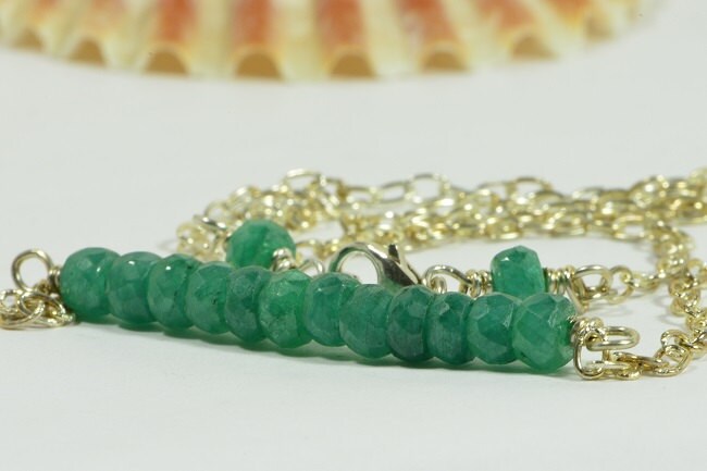 Emerald Bar Necklace, Sterling Silver Figaro Chain, Wire Wrapped