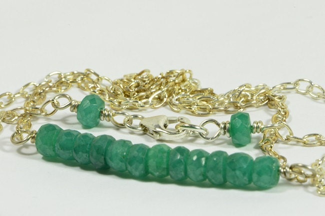 Emerald Bar Necklace, Sterling Silver Figaro Chain, Wire Wrapped